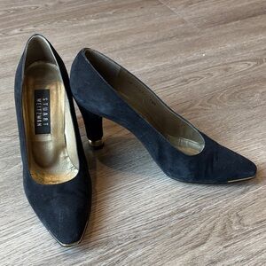 Stuart Weitzman Black Suede Heels with Gold Accents